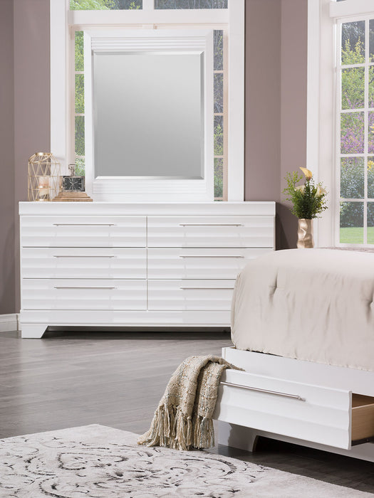 Ensemble de chambre à coucher Olivia 6 pièces fabriqué au Canada avec lit de rangement, commode, miroir et table de nuit, blanc - format lit double