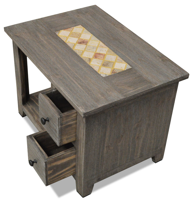 Table de bout rustique Santa Fe Rustico de 27,5 po avec rangement et tablette - pin gris avec incrustation de marbre