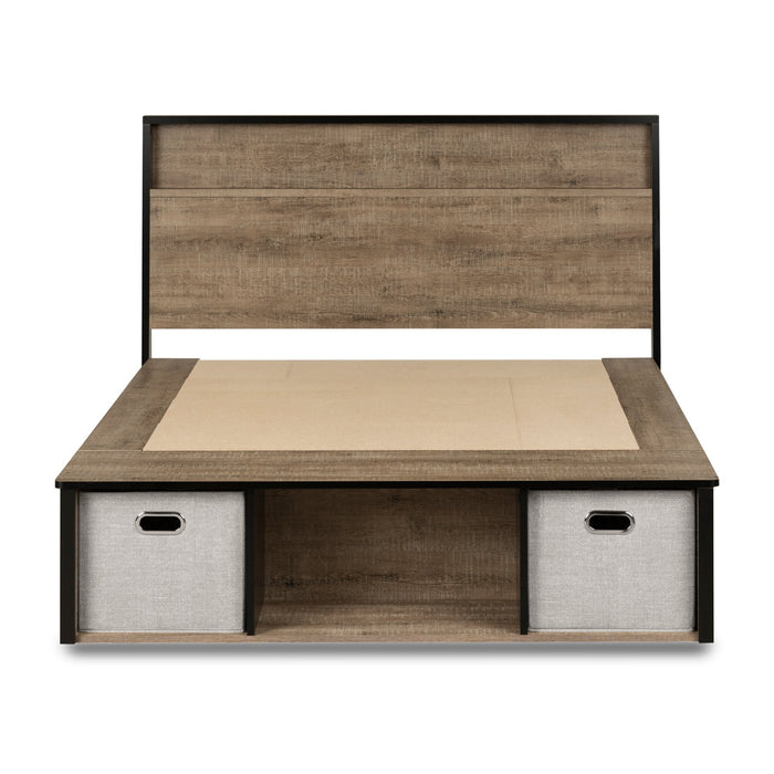 Ensemble lit plateforme et tête de lit à panneau Everley avec rangement et paniers intégrés, deux couleurs - format lit double