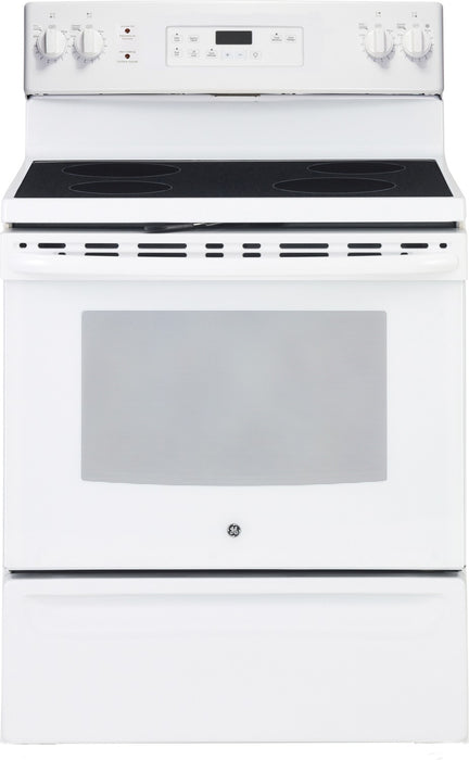 Cuisinière électrique GE de 5,3 pi³ avec autonettoyage et 4 brûleurs - blanche - JCB630DKWW