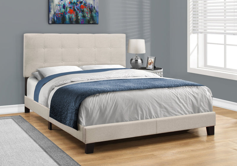 Lit rembourré Tara en tissu d’apparence lin beige avec capitonnage à boutons - format grand lit