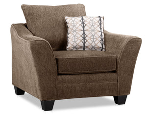 Fauteuil Febe de 49 po fabriqué au Canada en tissu de chenille avec accoudoirs évasés et pattes en bois - brun