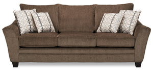Sofa Febe de 100 po fabriqué au Canada en tissu de chenille avec accoudoirs évasés et coussins décoratifs - brun