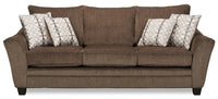 Sofa-lit double Febe de 85 po de format condo fabriqué au Canada en tissu de chenille avec accoudoirs évasés et coussins décoratifs - brun