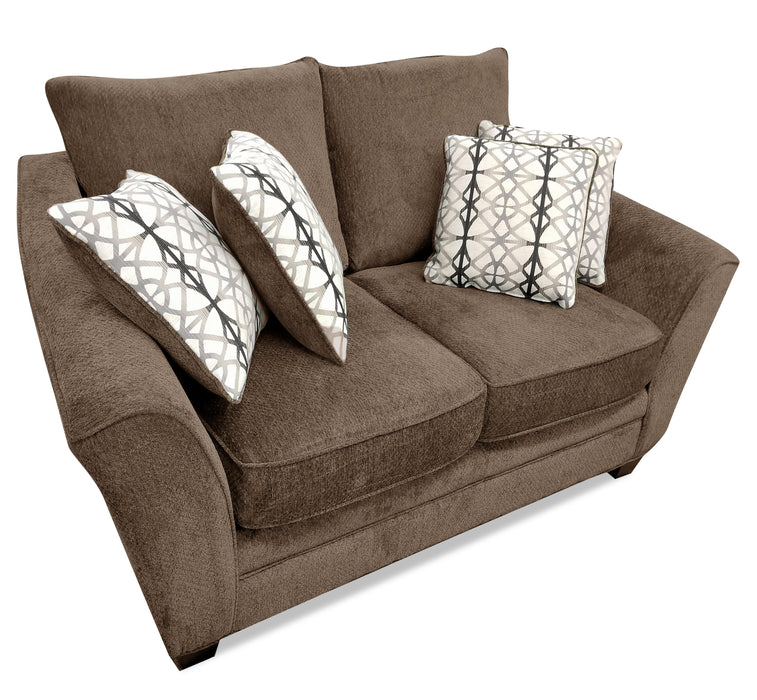 Causeuse Febe de 75 po fabriquée au Canada en tissu de chenille avec accoudoirs évasés et coussins décoratifs - brune