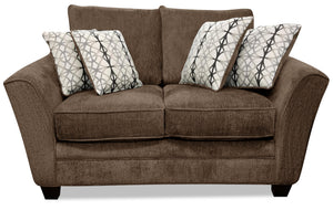 Causeuse Febe de 64 po de format condo fabriquée au Canada en tissu de chenille avec accoudoirs évasés et coussins décoratifs - brune