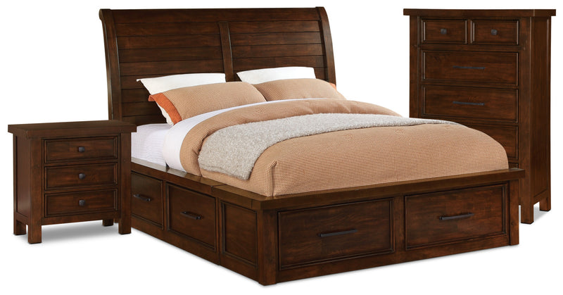 Ensemble Sonoma 5 pcs avec grand lit de rangement, commode verticale et table de nuit - brun foncé
