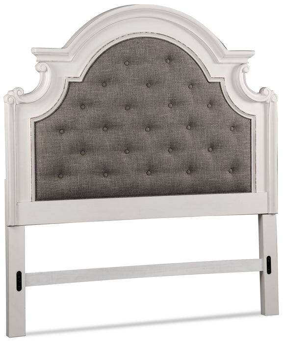 Lit à panneau Grace en bois et en tissu avec tête de lit et cadre de lit, blanc antique - format grand lit