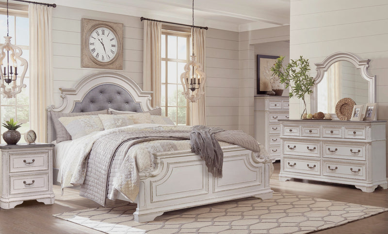 Lit à panneau Grace en bois et en tissu avec tête de lit et cadre de lit, blanc antique - format grand lit