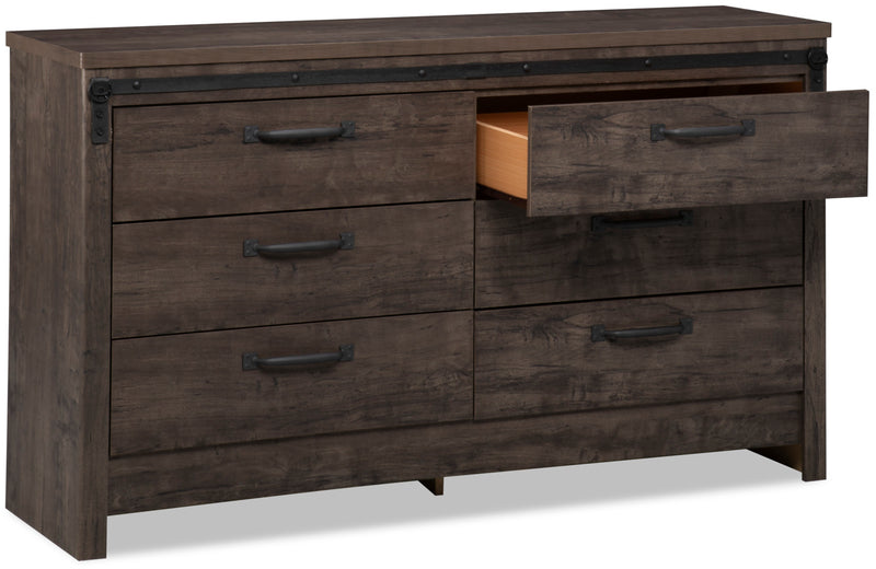 Commode rustique Grayson de 56,6 po (L) x 32,3 po (H) à 6 tiroirs pour la chambre à coucher, fabriquée au Canada - gris foncé
