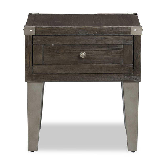 Table de bout industrielle Hilla de 22,38 po avec rangement - bois brun foncé avec pattes en métal