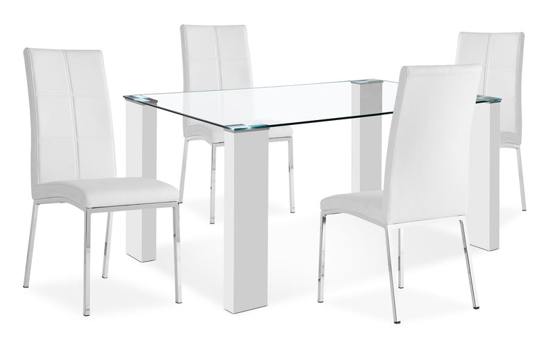 Milton 5-Piece Dining Package – White - Modern style Dining Room Set in White MDF and Glass