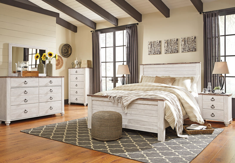 Ensemble de chambre à coucher Willowton 5 pièces avec lit, commode et miroir, blanchi - format grand lit