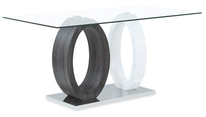 Table de salle à manger Jaye de 63 po (L) avec dessus en verre et base piédestal - grise et blanche
