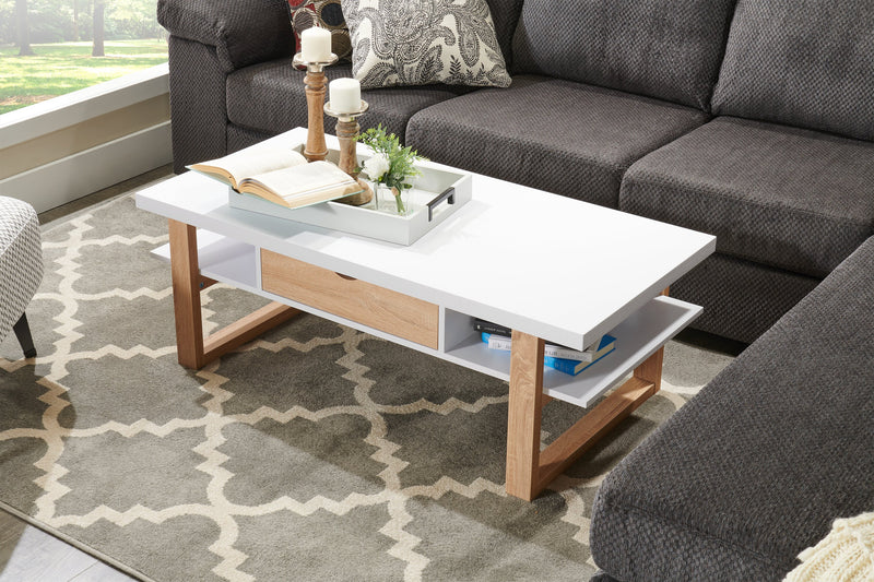 Table à café moderne Izaac de 47,25 po avec rangement et tablette - blanche et brune 