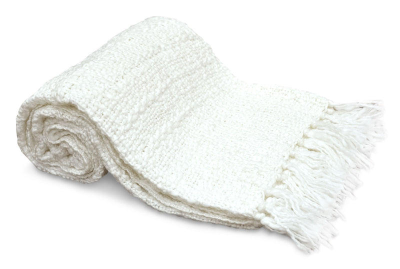 Knit Throw with Fringe – White - White Throw Blanket