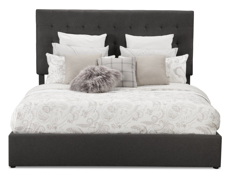 Lit plateforme rembourré Jace en tissu gris capitonné avec rangement - format très grand lit