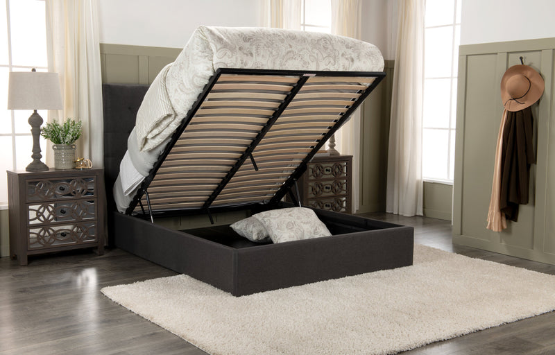 Lit plateforme rembourré Jace en tissu gris capitonné avec rangement - format lit double