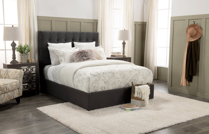 Lit plateforme rembourré Jace en tissu gris capitonné avec rangement - format grand lit