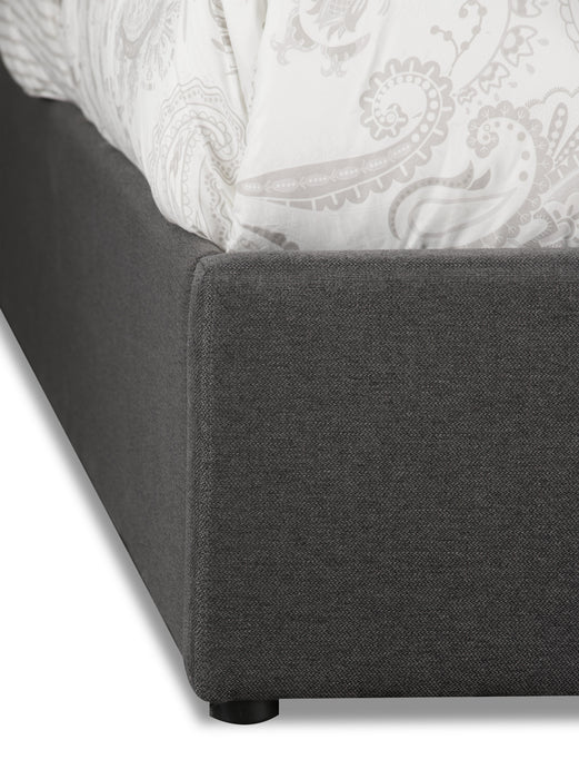 Lit plateforme rembourré Jace en tissu gris capitonné avec rangement - format lit double