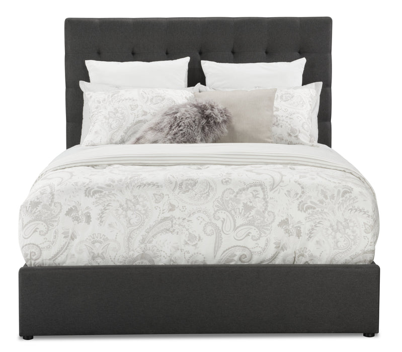 Lit plateforme rembourré Jace en tissu gris capitonné avec rangement - format lit double