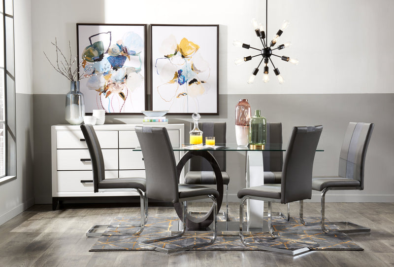 Ensemble de salle à manger Jaye 7 pièces avec table de 63 po (L), dessus en verre, base piédestal et 6 chaises - gris et blanc