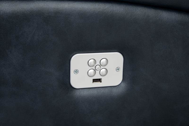 Sofa à inclinaison électrique Kory en tissu apparence cuir – bleu foncé