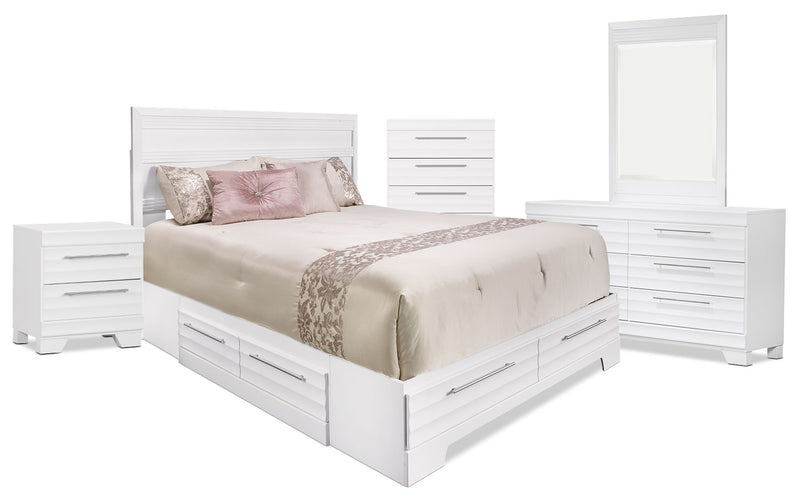 Ensemble de chambre à coucher Olivia 7 pièces avec lit double de rangement - blanc