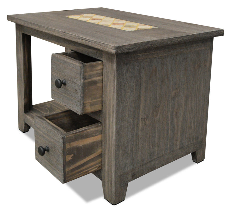 Table de bout rustique Santa Fe Rustico de 27,5 po avec rangement et tablette - pin gris avec incrustation de marbre