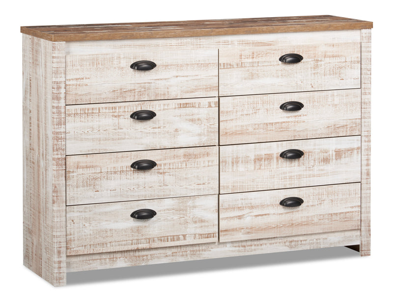 Ensemble de chambre à coucher Kaia 6 pièces avec lit à panneau, commode, miroir et table de nuit, blanchi - format très grand lit