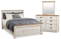  Ensemble de chambre à coucher Kaia 5 pièces avec lit à panneau, commode et miroir, blanchi - format lit double