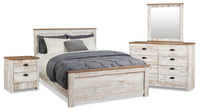 Ensemble de chambre à coucher Kaia 6 pièces avec lit à panneau, commode, miroir et table de nuit, blanchi - format lit double