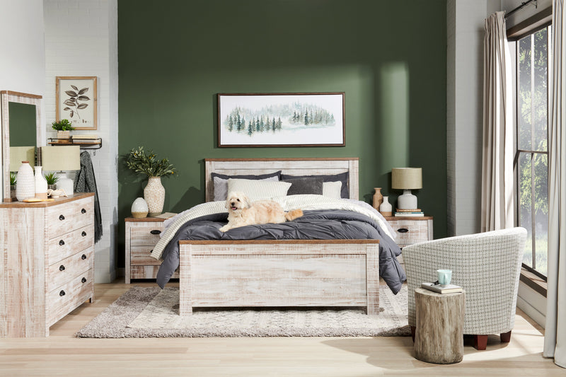 Ensemble de chambre à coucher Kaia 6 pièces avec lit à panneau, commode, miroir et table de nuit, blanchi - format très grand lit