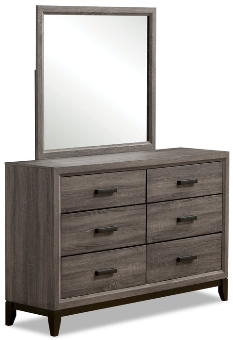 Ensemble de chambre à coucher Kate 6 pièces avec lit, commode, miroir et table de nuit, gris-brun - format très grand lit