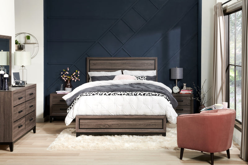 Ensemble de chambre à coucher Kate 6 pièces avec lit, commode, miroir et table de nuit, gris-brun - format très grand lit