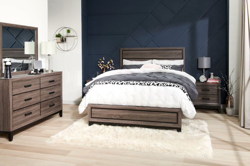 Ensemble de chambre à coucher Kate 6 pièces avec lit, commode, miroir et table de nuit, gris-brun - format très grand lit