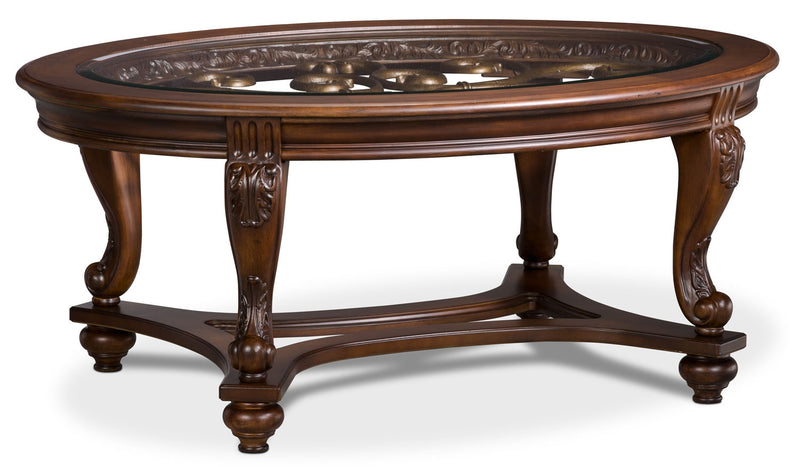 Table à café ovale traditionnelle Valencia de 48 po avec dessus en verre - bois brun foncé avec touches de filigrane