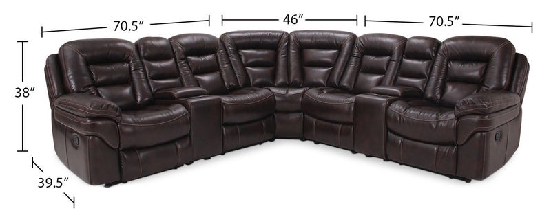 Sofa sectionnel à inclinaison électrique Leo 7 pièces en similicuir avec consoles de rangement et porte-gobelets - brun noyer