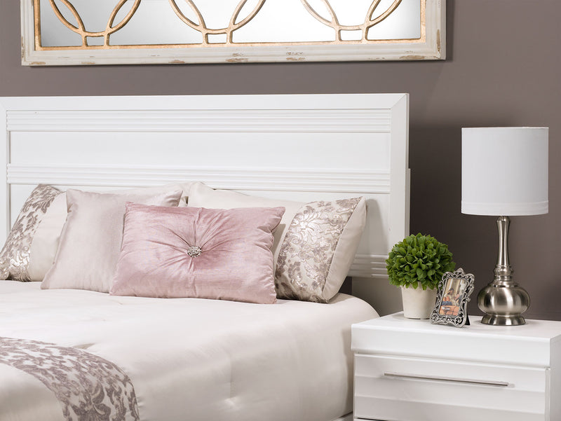 Ensemble de chambre à coucher Olivia 6 pièces fabriqué au Canada avec lit de rangement, commode, miroir et table de nuit, blanc - format lit double