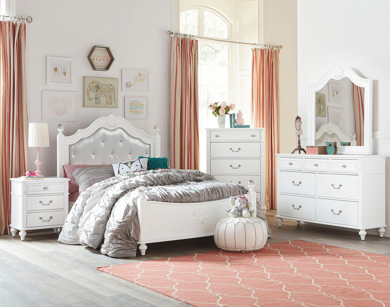 Ensemble de chambre à coucher Livy 6 pièces pour enfants avec lit à panneau, commode, miroir et table de nuit, blanc - format lit double