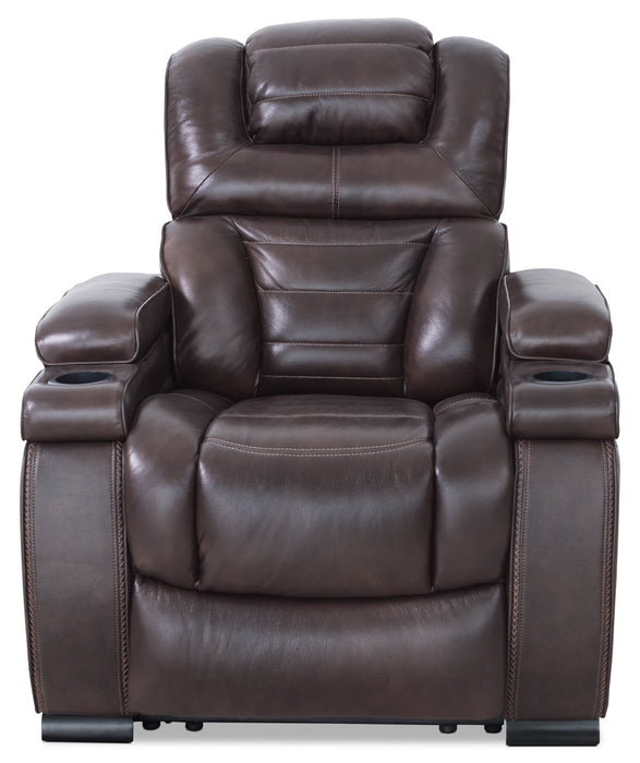 Fauteuil à inclinaison électrique Hugo de 37 po en cuir véritable avec appuie-tête électrique et deux porte-gobelets - brun