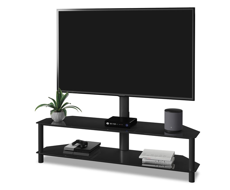 Meuble pour téléviseur moderne Bello de 62 po avec rangement et système de gestion des câbles pour téléviseurs jusqu’à 70 po - métal noir et verre