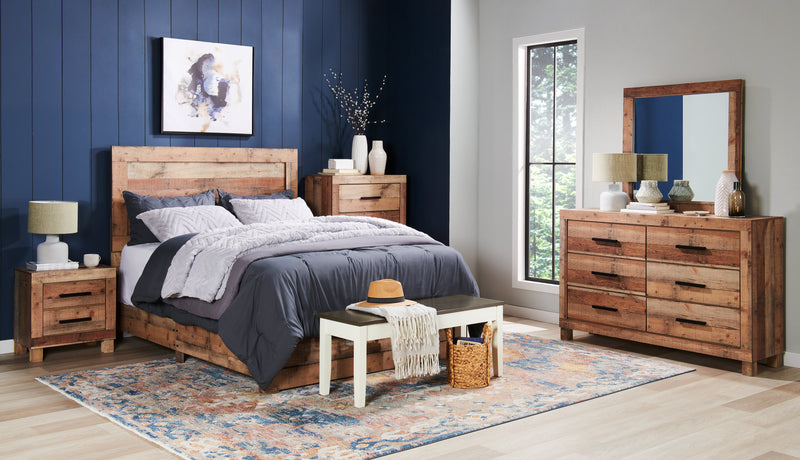 Ensemble de chambre à coucher Mojave 6 pièces rustique avec lit, commode, miroir et table de nuit, brun - format très grand lit