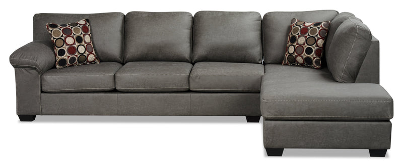 Sofa-lit sectionnel de droite Morty 2 pièces fabriqué au Canada en tissu d’apparence cuir avec coussins décoratifs - gris