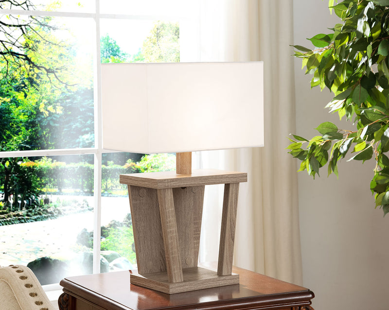 Lampe de table taupe foncé avec touches de noir et abat-jour blanc 