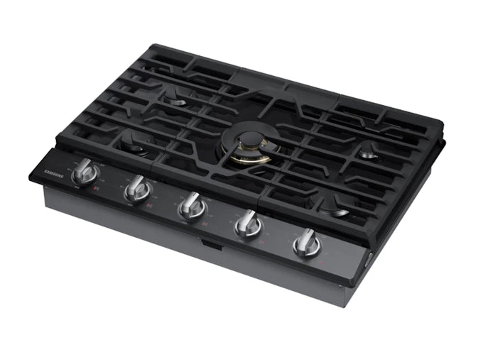 Surface de cuisson à gaz intelligente Samsung de 30 po à 5 brûleurs avec brûleur double puissant de 22 000 BTU, plaque chauffante et grille pour wok - acier inoxydable noir - NA30N7755TG/AA