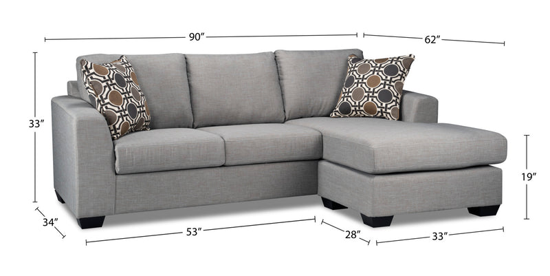 Sofa sectionnel réversible Nina 2 pièces fabriqué au Canada en tissu d’apparence lin avec coussins décoratifs - gris lagon