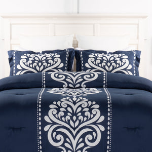 Ensemble d'édredon Navy Damask 3 pièces pour lit double ou grand lit