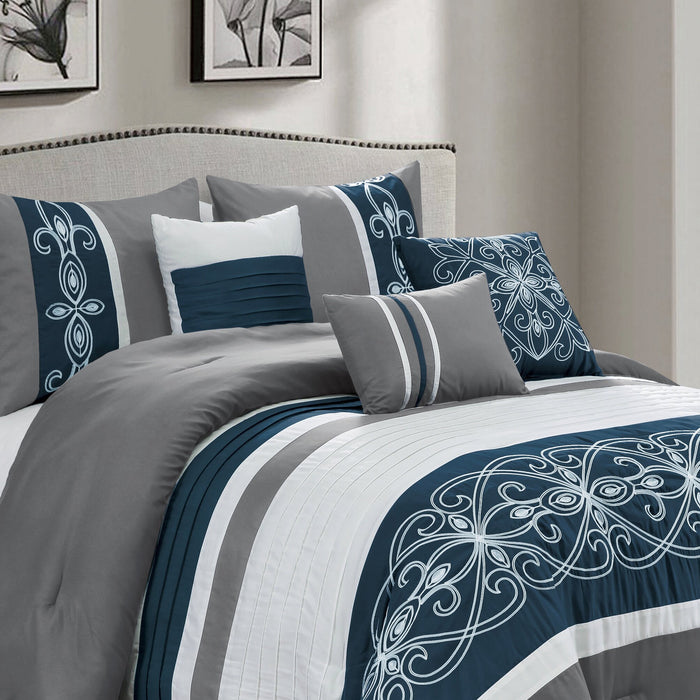 Ensemble d'édredon Ohio 7 pièces pour grand lit - bleu marine et gris