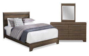 Ensemble de chambre à coucher Olivia 5 pièces fabriqué au Canada avec lit, commode et miroir, gris - format grand lit